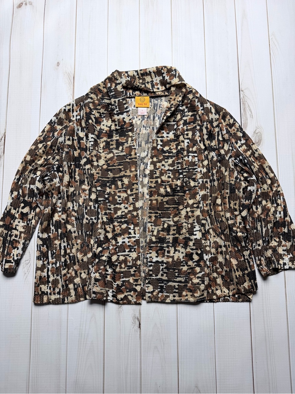 Ruby Rd. Brown Cream Multi-Color Open Knit Cardigan